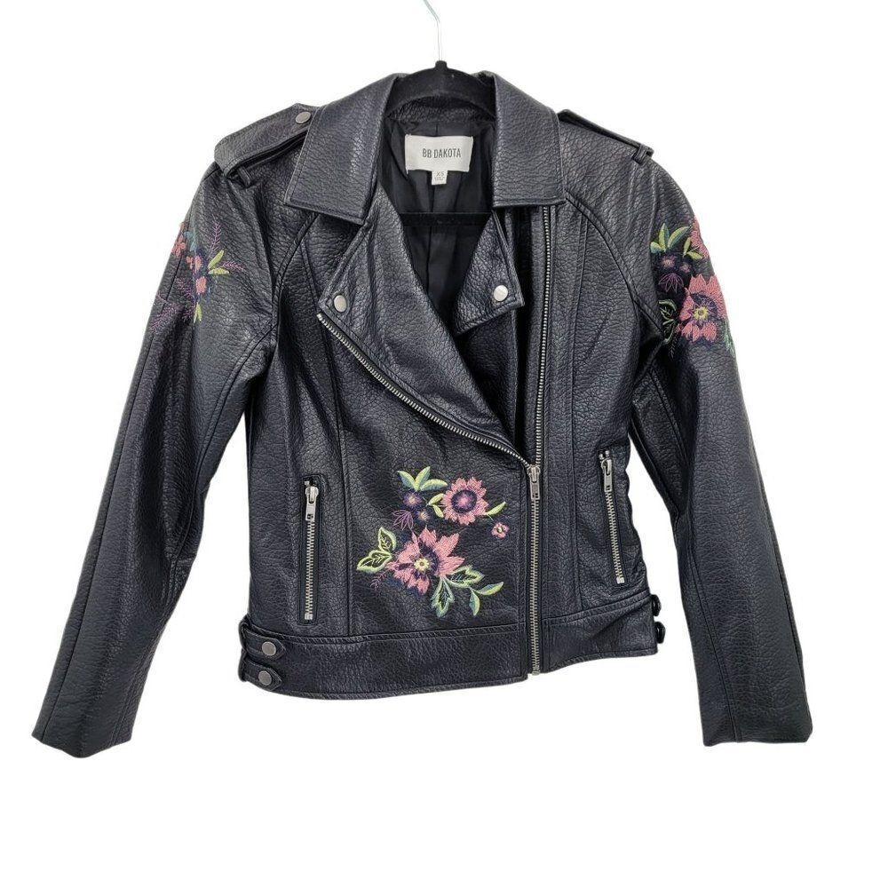 BB Dakota Faux Leather Embroidered Moto Biker Bomber‎ Jacket XS Black Vegan Edgy